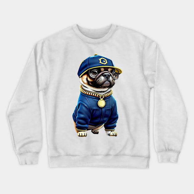 Cool Pug in Denim and Bling - Adorable Pug Wearing Hip Hop Style Clothing Crewneck Sweatshirt by fur-niche